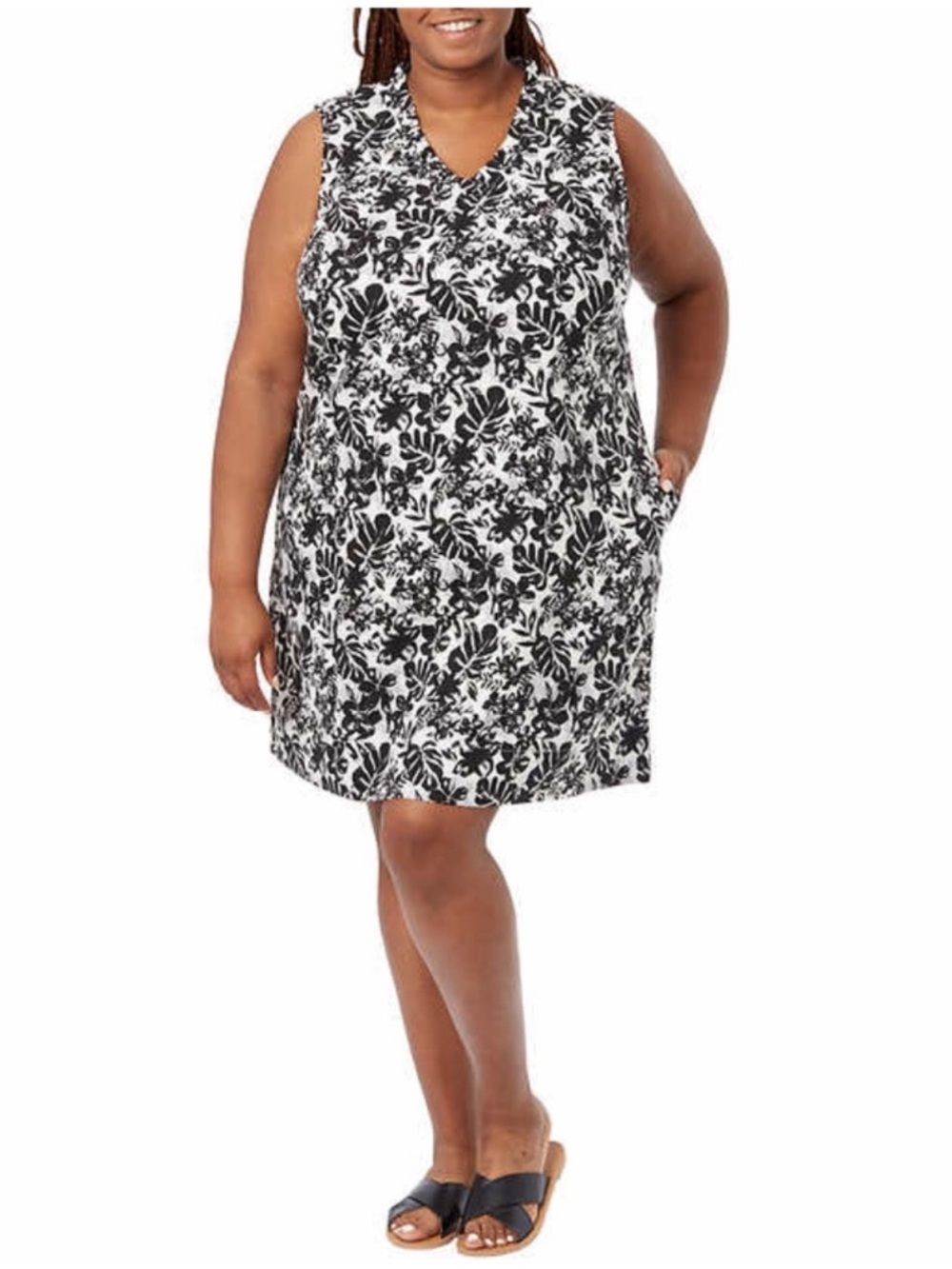 NWT Briggs Ladies Women Ruffle V-Neck Linen Blend Dress BLACK - size 2X, 3X